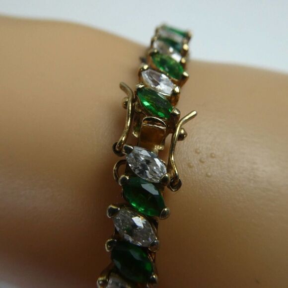 Edco Vintage Green White Rhinestone Tennis Bracelet W/ Safety Chain Gold Sparkly - Picture 2 of 8